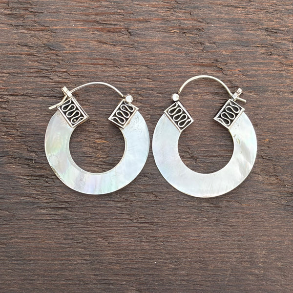 Sterling Silver & White Mother of Pearl Shell Hoop Earrings