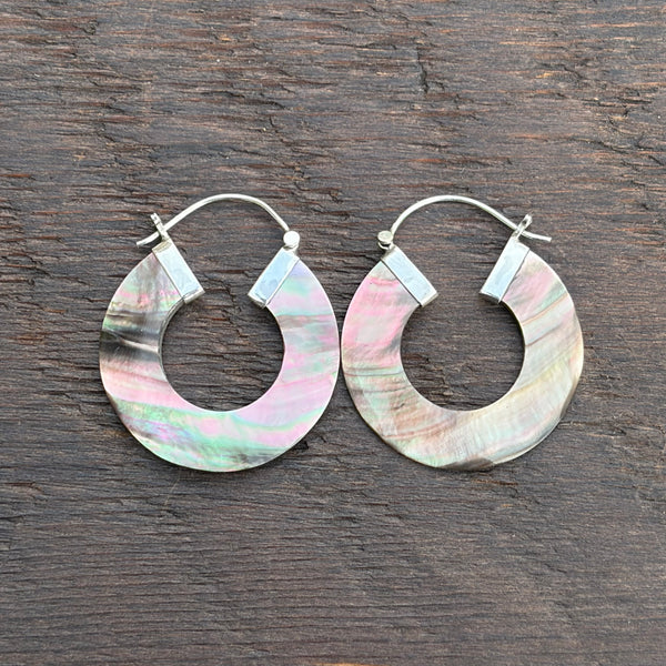Sterling Silver & Black Mother of Pearl Shell Hoop Earrings