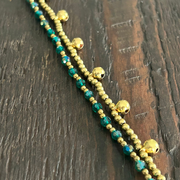 'Bead Love' 2 Strand Bead Anklet (Dark Green Glass)