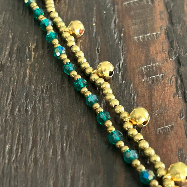 'Bead Love' 2 Strand Bead Anklet (Dark Green Glass)