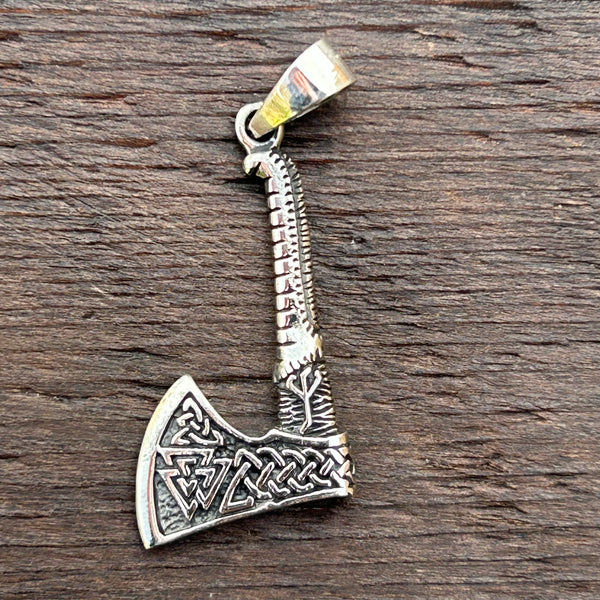 Viking Bearded Axe - Runes & Valknut Celtic Norse Sterling Silver Pendant