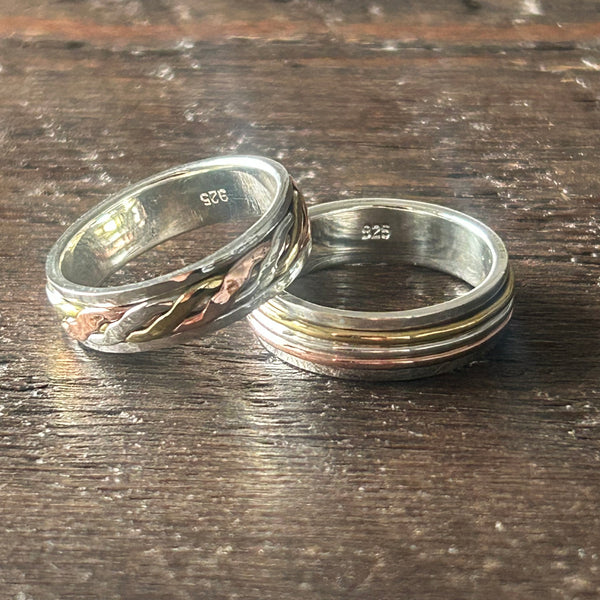 Sterling Silver 3 Colour Fidget / Anxiety / Spinning Ring With Copper & Brass
