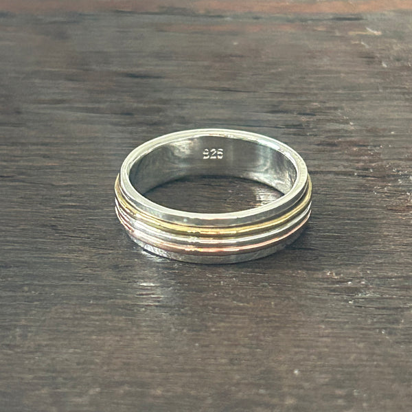 Sterling Silver 3 Colour Fidget / Anxiety / Spinning Ring With Copper & Brass
