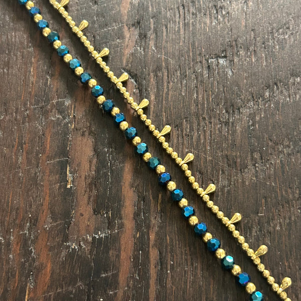 'Bead Love' 2 Strand Droplet Bead Anklet (Metallic Blue)