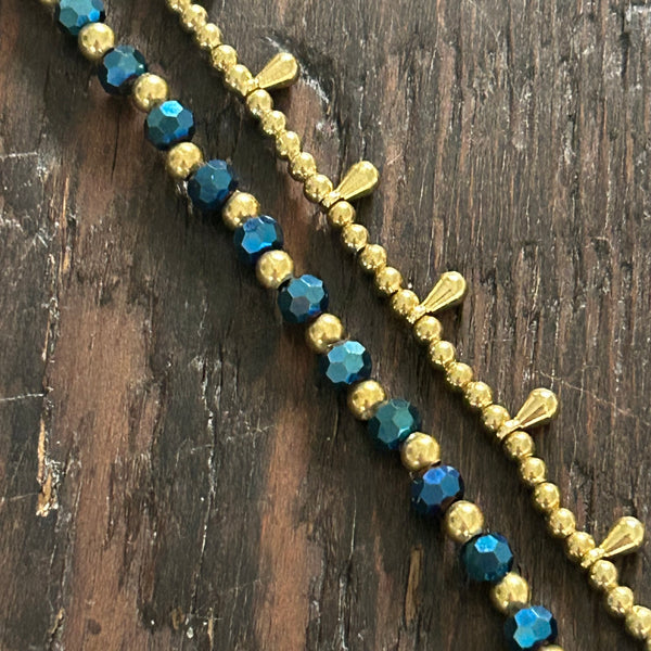 'Bead Love' 2 Strand Droplet Bead Anklet (Metallic Blue)