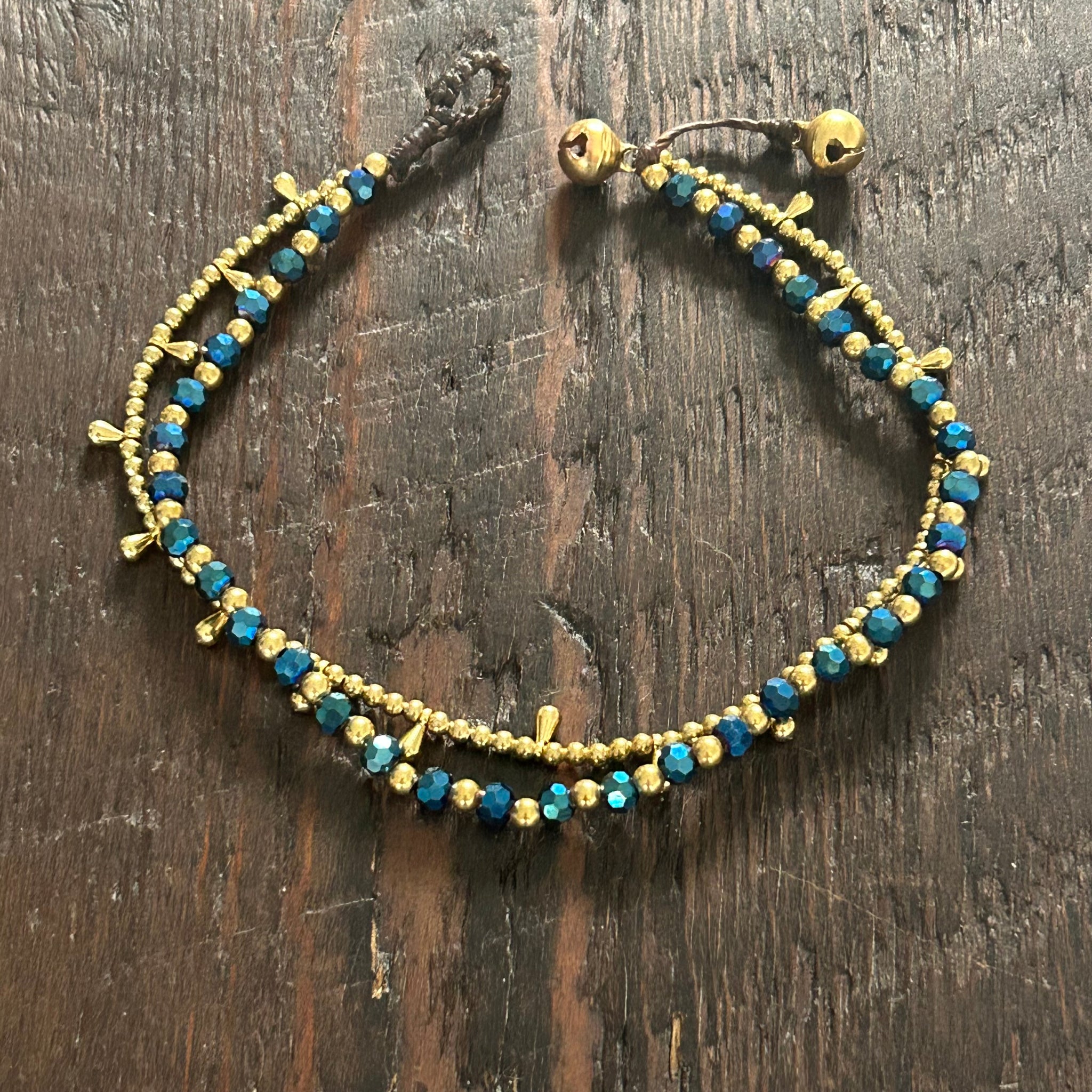 'Bead Love' 2 Strand Droplet Bead Anklet (Metallic Blue)