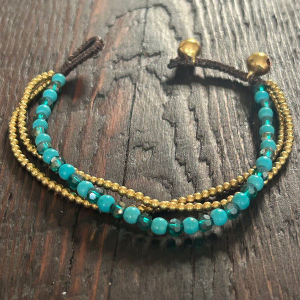 'Bead Love' Triple Strand Bead Bracelet (Blue Turquoise & Green)