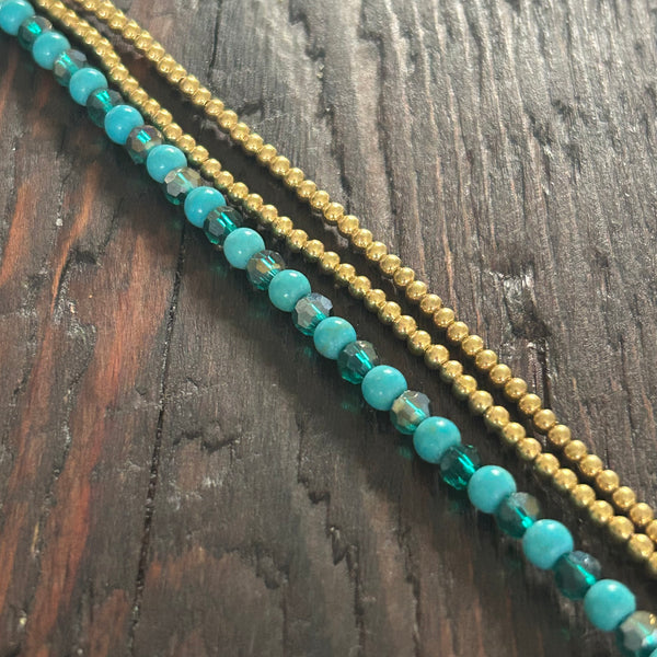 'Bead Love' Triple Strand Bead Bracelet (Blue Turquoise & Green)