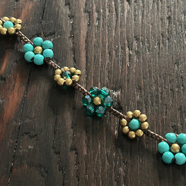 'Bead Love' Flower Design Anklet (Green & Blue Turquoise)