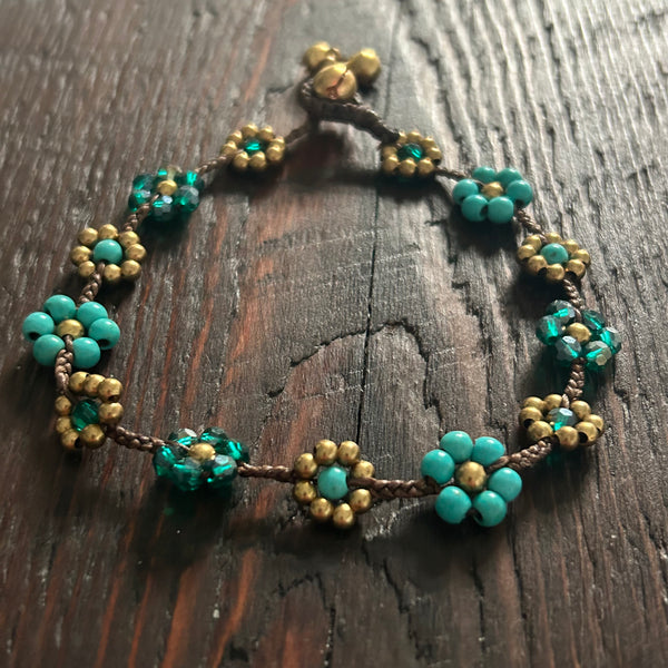 'Bead Love' Flower Design Anklet (Green & Blue Turquoise)