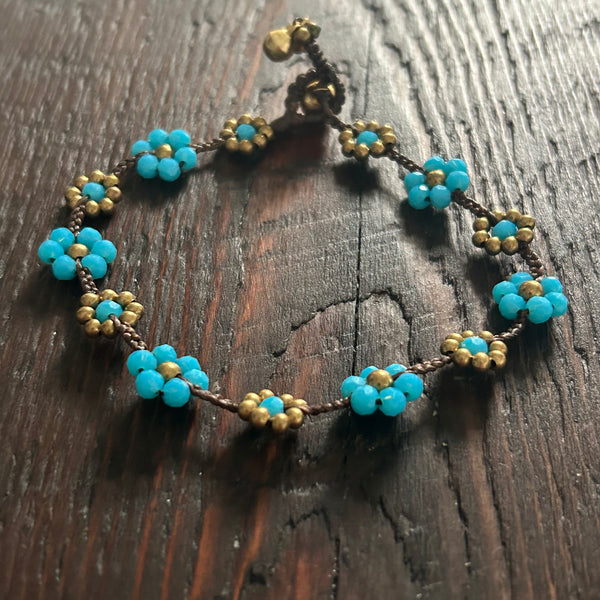 'Bead Love' Flower Design Anklet (Mid Blue)