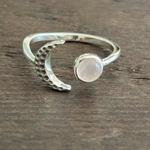 Crescent Moon Adjustable Sterling Silver Ring - Rose Quartz