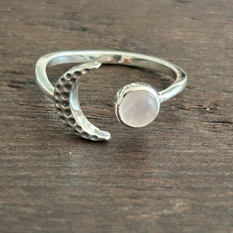 Crescent Moon Adjustable Sterling Silver Ring - Rose Quartz