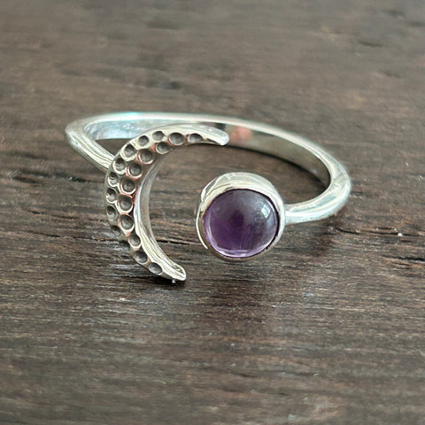 Crescent Moon Adjustable Sterling Silver Ring - Amethyst