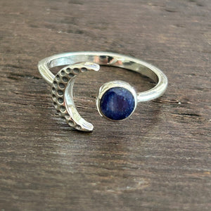 Crescent Moon Adjustable Sterling Silver Ring - Sapphire colour