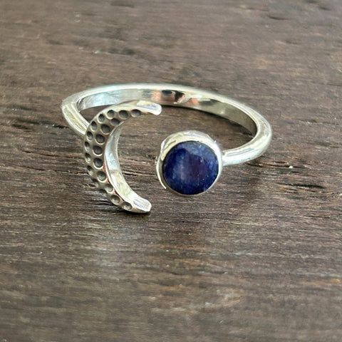 Crescent Moon Adjustable Sterling Silver Ring - Sapphire colour