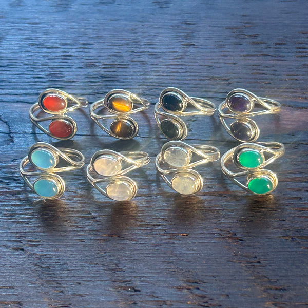 Elegant Twin Stone Adjustable Sterling Silver Ring - Tiger's Eye