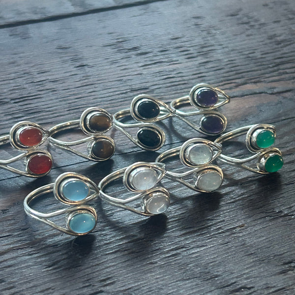 Elegant Twin Stone Adjustable Sterling Silver Ring - Tiger's Eye