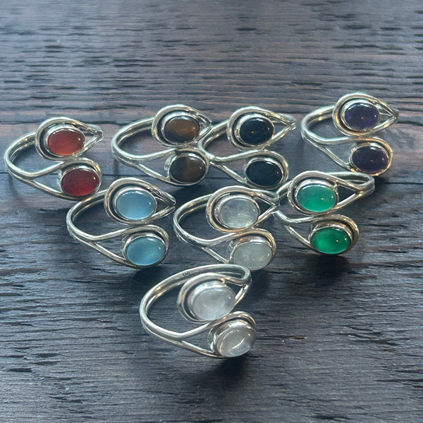 Elegant Twin Stone Adjustable Sterling Silver Ring - Tiger's Eye