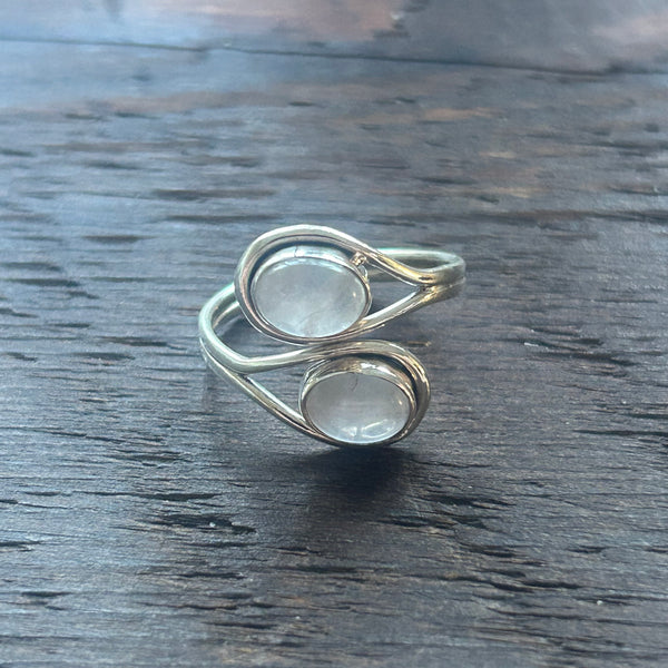 Elegant Twin Stone Adjustable Sterling Silver Ring - Rose Quartz