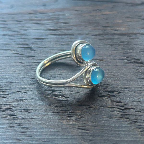 Elegant Twin Stone Adjustable Sterling Silver Ring - Blue Chalcy