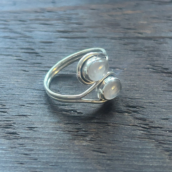 Elegant Twin Stone Adjustable Sterling Silver Ring - Rose Quartz