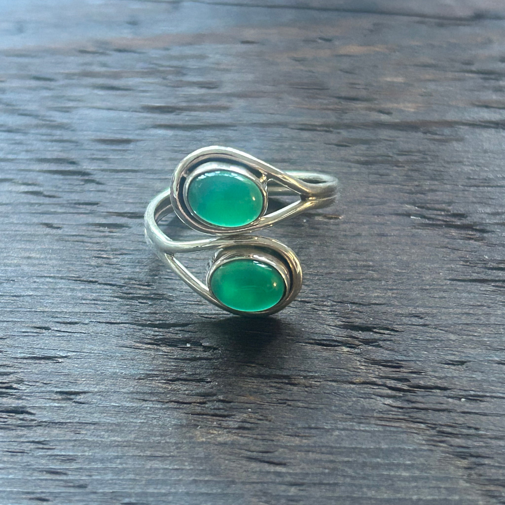 Elegant Twin Stone Adjustable Sterling Silver Ring - Green Onyx