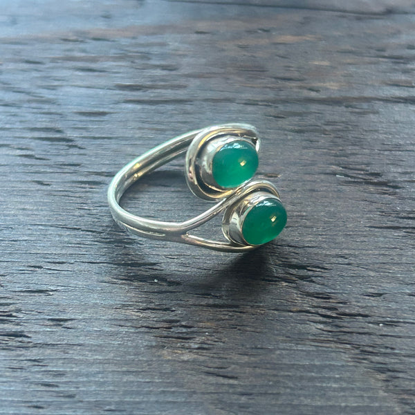 Elegant Twin Stone Adjustable Sterling Silver Ring - Green Onyx