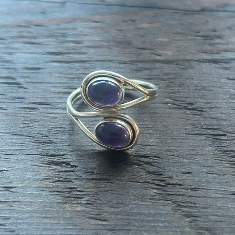 Elegant Twin Stone Adjustable Sterling Silver Ring - Amethyst