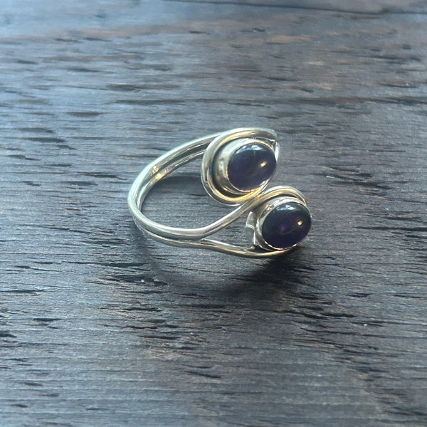 Elegant Twin Stone Adjustable Sterling Silver Ring - Amethyst
