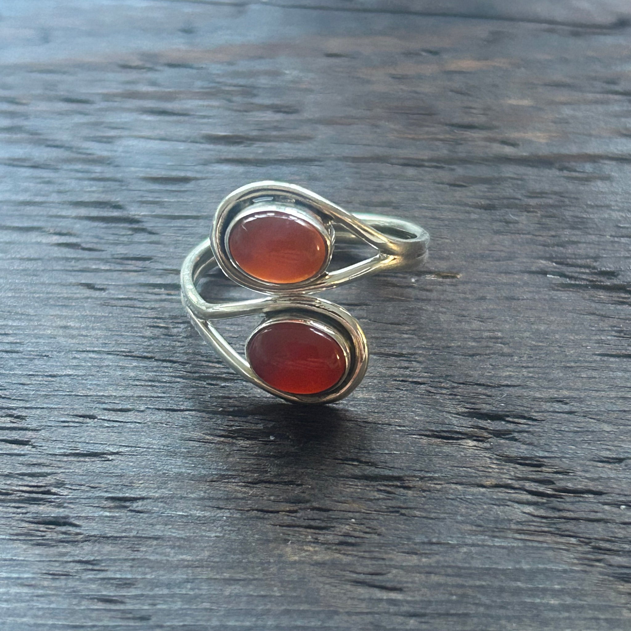 Elegant Twin Stone Adjustable Sterling Silver Ring - Red Onyx