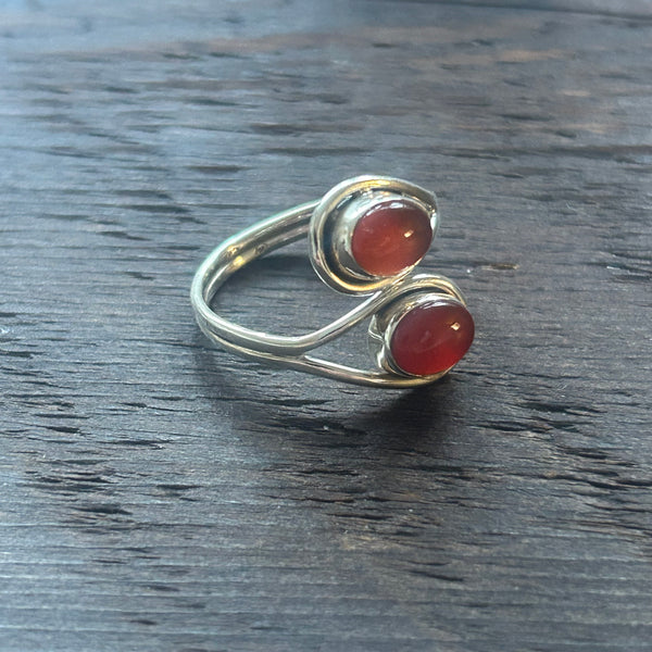 Elegant Twin Stone Adjustable Sterling Silver Ring - Red Onyx