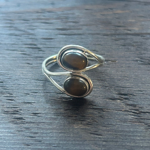 Elegant Twin Stone Adjustable Sterling Silver Ring - Tiger's Eye