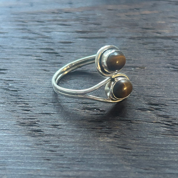 Elegant Twin Stone Adjustable Sterling Silver Ring - Tiger's Eye