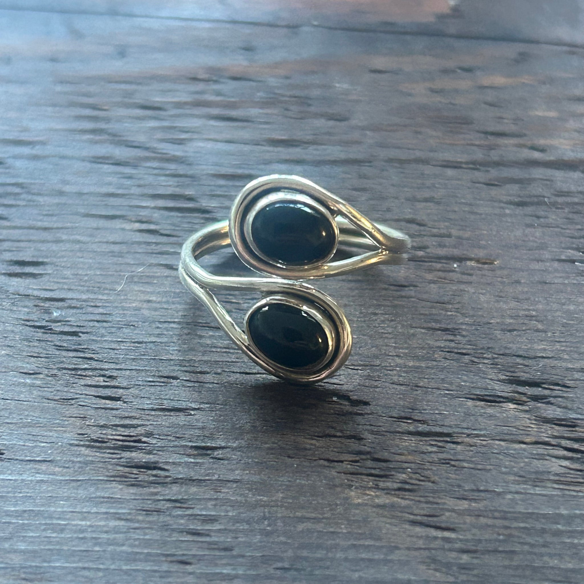 Elegant Twin Stone Adjustable Sterling Silver Ring - Black Onyx