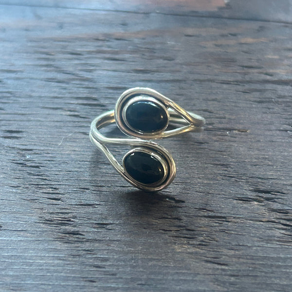 Elegant Twin Stone Adjustable Sterling Silver Ring - Black Onyx