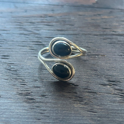 Elegant Twin Stone Adjustable Sterling Silver Ring - Black Onyx