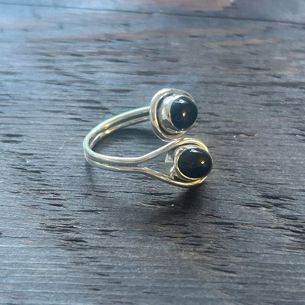 Elegant Twin Stone Adjustable Sterling Silver Ring - Black Onyx