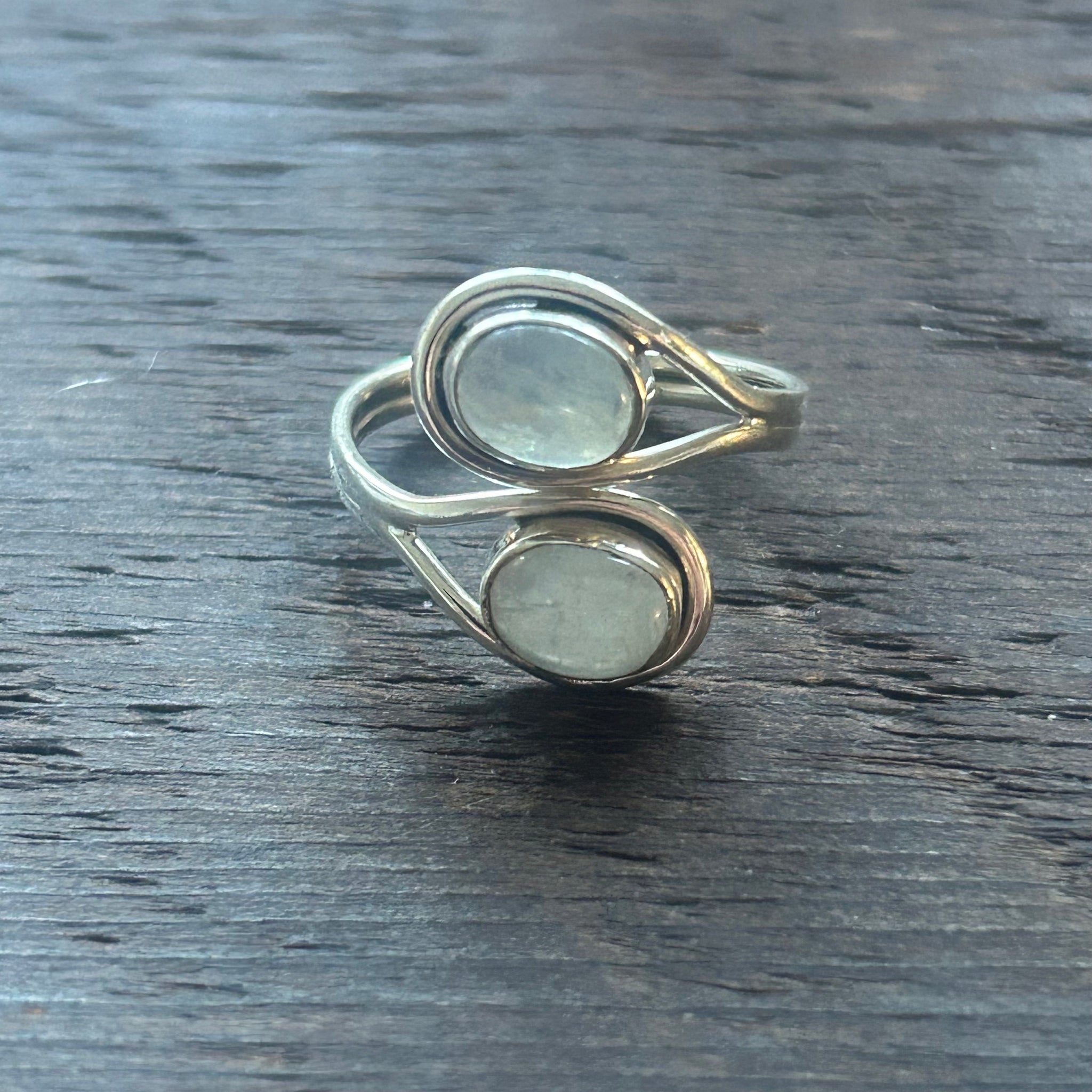 Elegant Twin Stone Adjustable Sterling Silver Ring - Moonstone