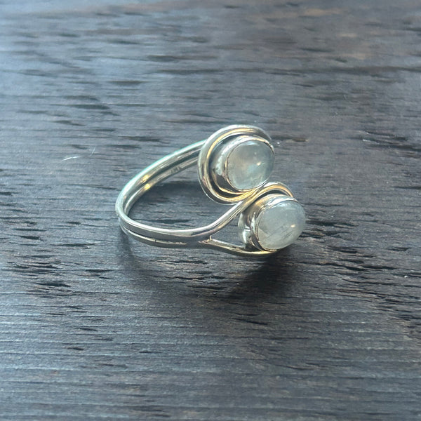 Elegant Twin Stone Adjustable Sterling Silver Ring - Moonstone