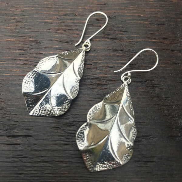 'Karen Hill Tribe' Etched Leaf Shape Sterling Silver Earrings