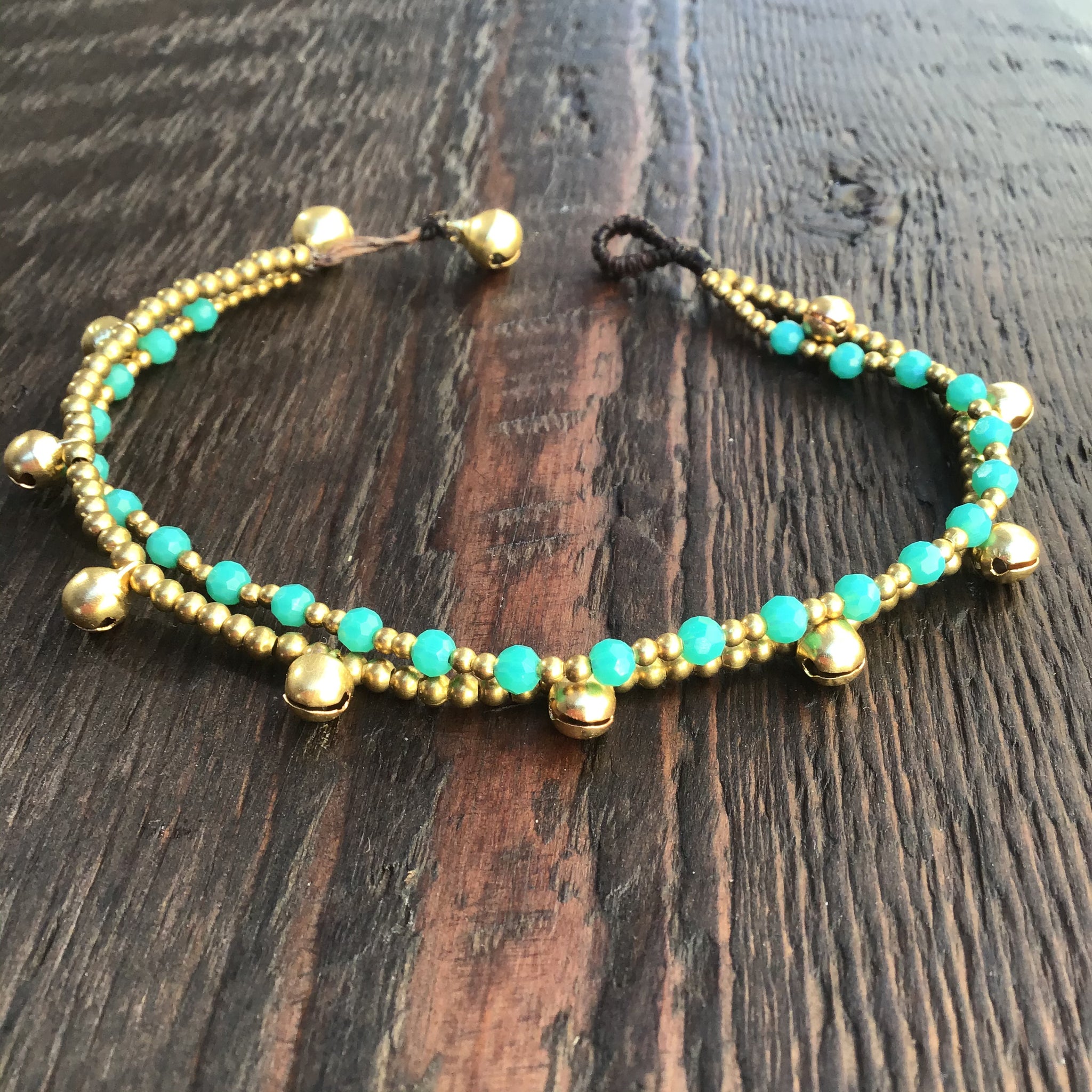 ‘Bead Love' 2 Strand Anklet with Faceted Beads (Green Turquoise)