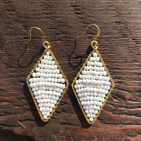 'Bead Love' Handmade Diamond Shape Bead & Brass Drop Earrings - White