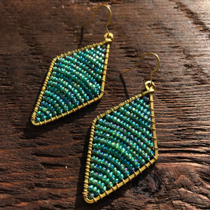 'Bead Love' Handmade Diamond Shape Bead & Brass Drop Earrings - Green