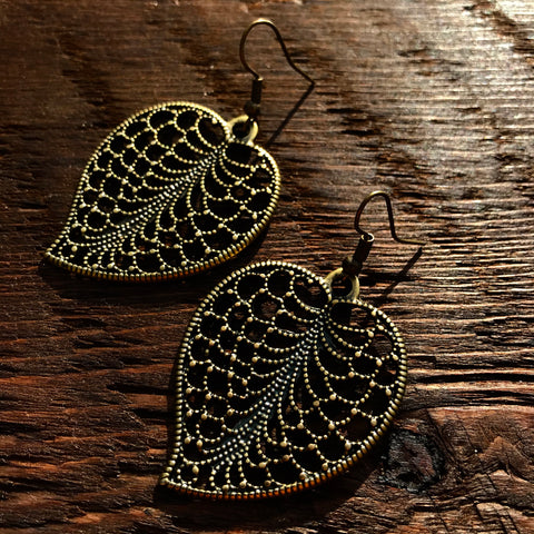 ‘Just Brass' Filigree Leaf Design Drop Earrings