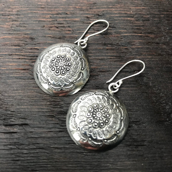 'Karen Hill Tribe' Circular Domed Tribal Etched  Design Sterling Silver Earrings