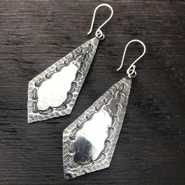 Karen Hill Tribe  Elongated Diamond Shaped Leaf Etched Sterling Silver Earrings