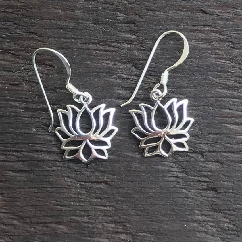 'Mini Lotus Flower' Sterling Silver Drop Earrings