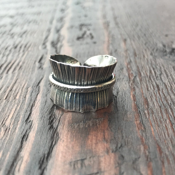 'Karen Hill Tribe' Etched Ring with Central Overlay Band