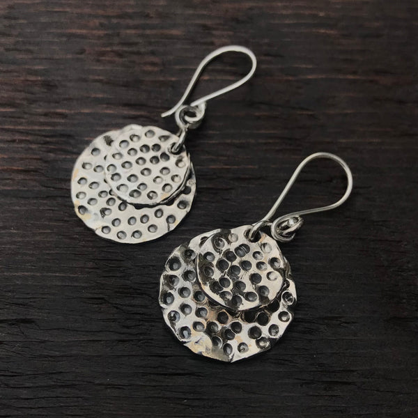 'Karen Hill Tribe' Double Disc Round Textured Sterling Silver Earrings